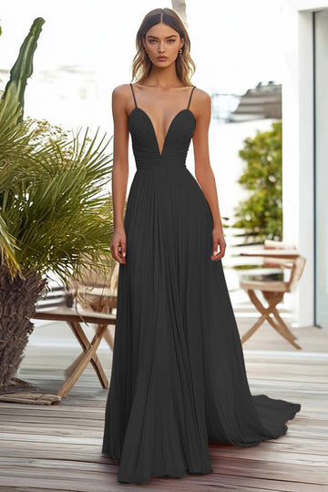 Black Chiffon A Line Spaghetti Straps Pleated Long Formal Dress